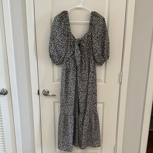 Aqua Black and White Leaf Print Dress